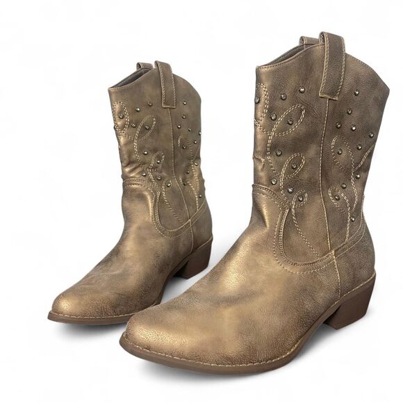 Pierre Dumas Gold Metallic Short Cowboy Boots Faux Leather Rhinestones Size 10 - Picture 1 of 7